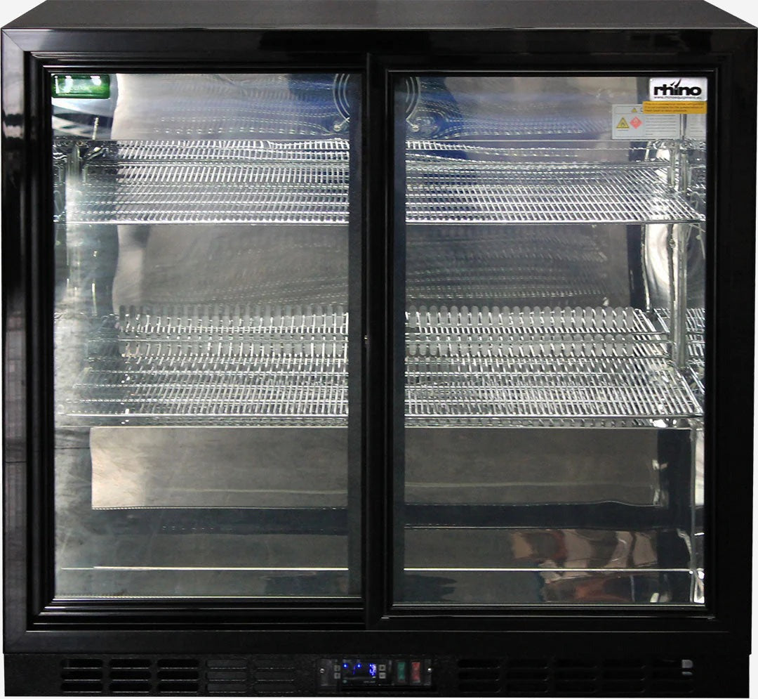 Rhino Black Glass Sliding Under Bench 2 Door Bar Fridge Energy Efficient LG Compressor