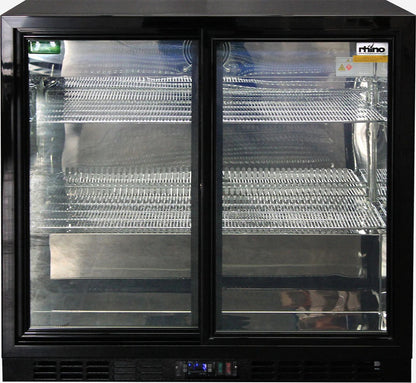 Rhino Black Glass Sliding Under Bench 2 Door Bar Fridge Energy Efficient LG Compressor