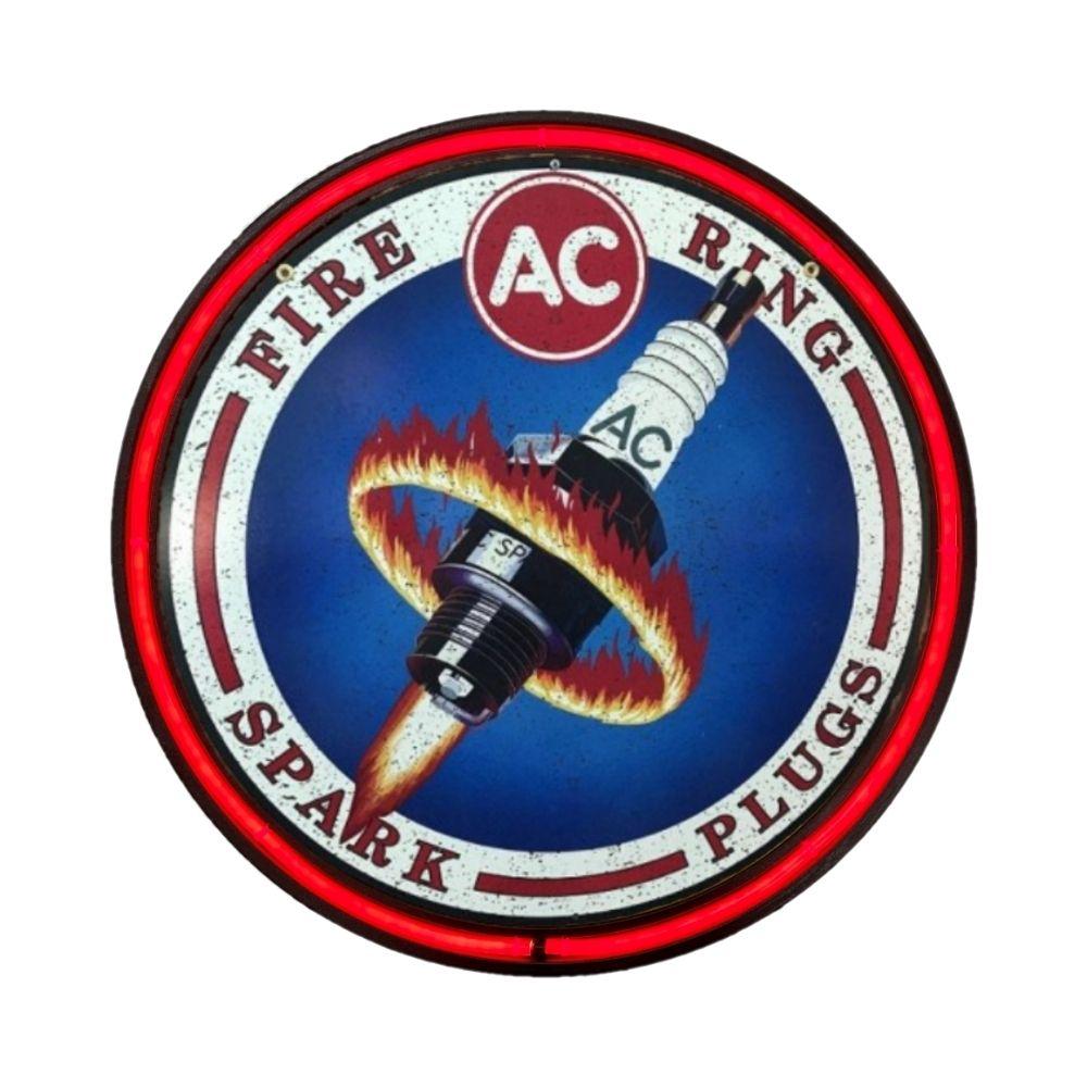 LARGE AC Fire Ring Spark Plugs Bar Garage Wall Light Sign RED Neon