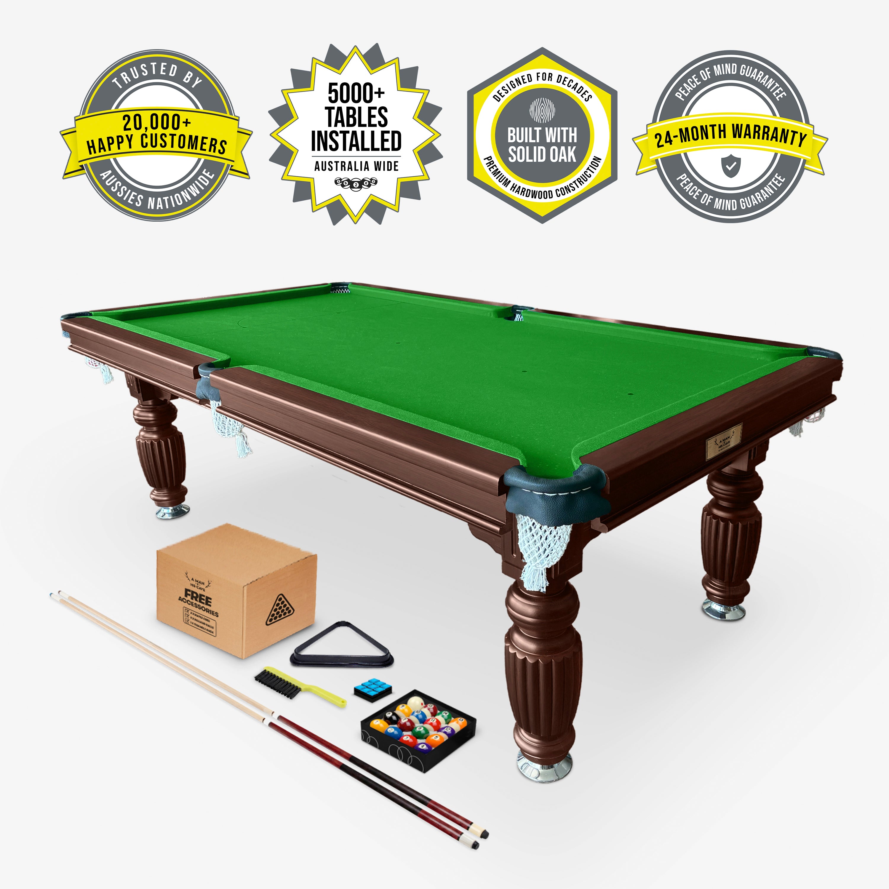 Solid Oak Pool Table Walnut Frame Green Felt - 20,000+ Happy Customers, 24-Month Warranty