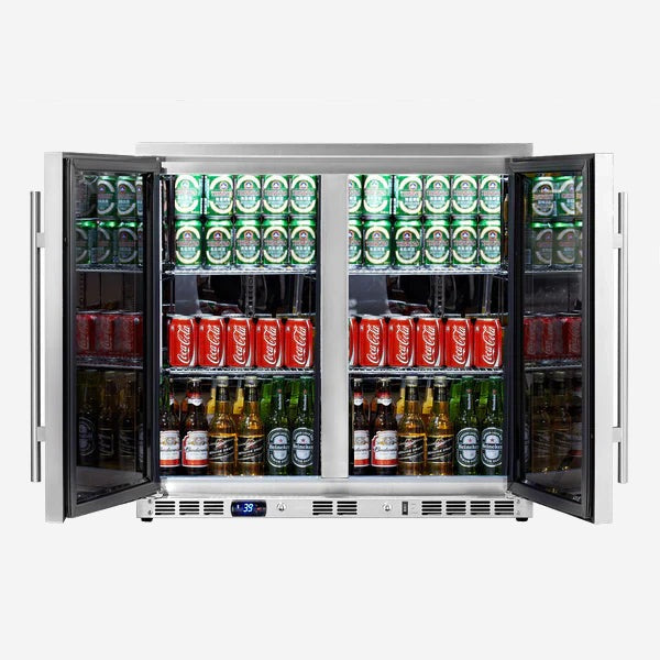 Heating Glass 2-Door Full Stainless Under Bench Beverage Fridge. Indoor or Outdoor 2-Year Warranty(Free)
