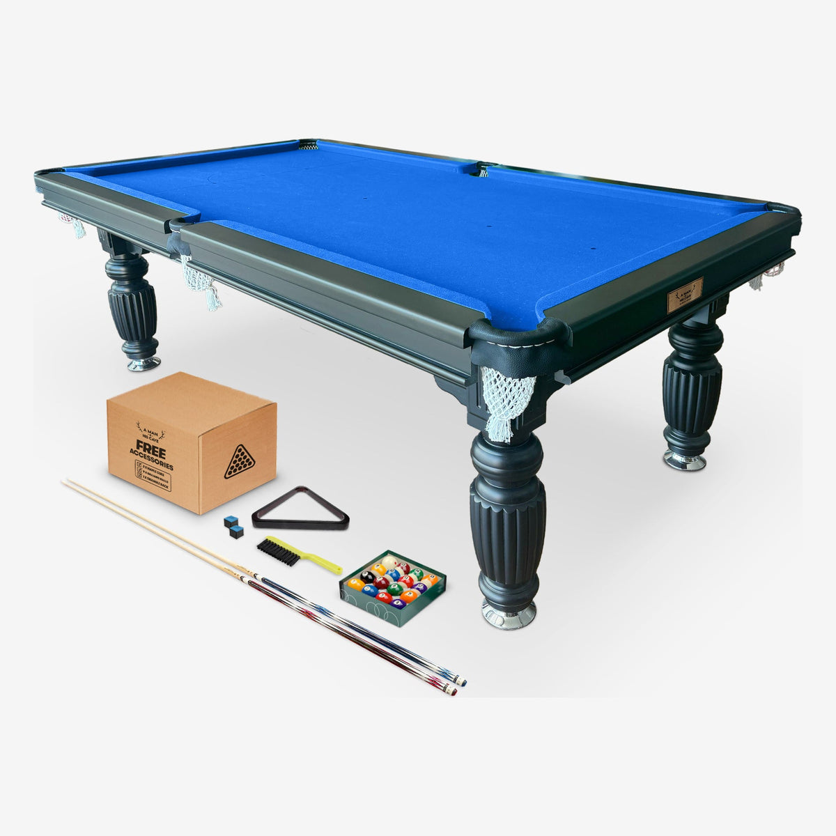 Solid Oak 8ft Slate Pool Table - Black Frame/Blue Felt