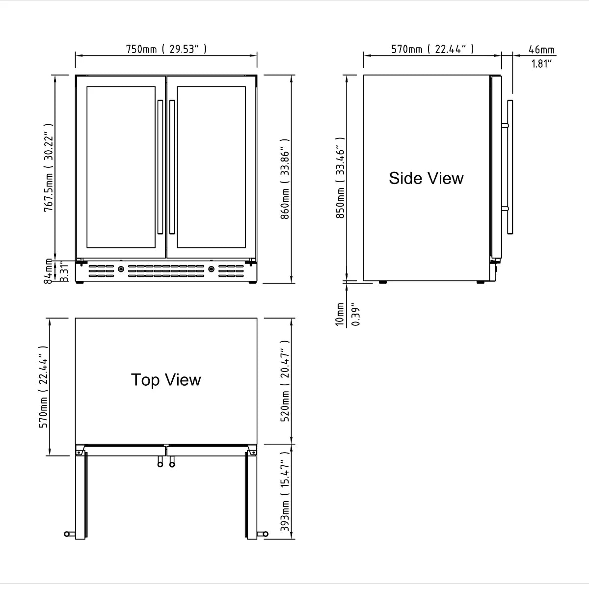 750mm Wide Under bench Low-E Glass Door Wine and Beer Fridge Combo