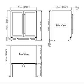 750mm Wide Under bench Low-E Glass Door Wine and Beer Fridge Combo