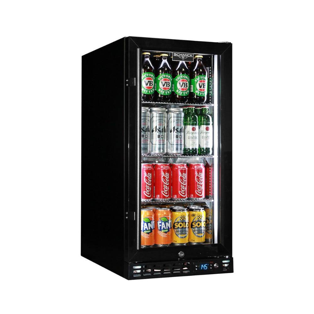 Schmick Black Quiet Running Front Venting Under Bench Heated Glass Door Bar Fridge Model SK92R-B-HD