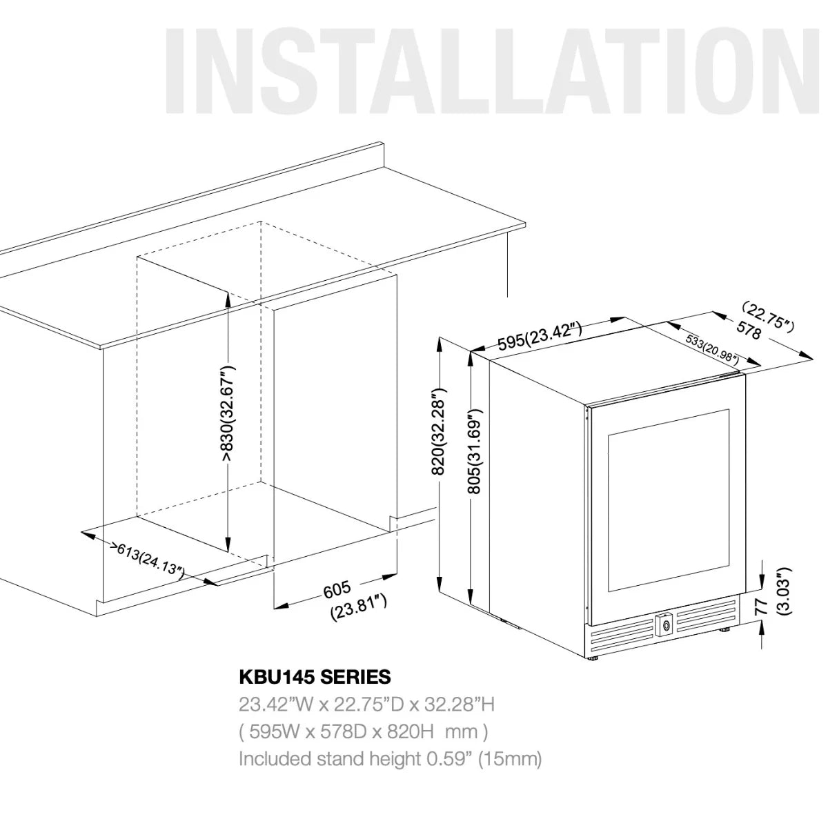 820mm Height Under Bench LOW-E Glass Door Beer Fridge