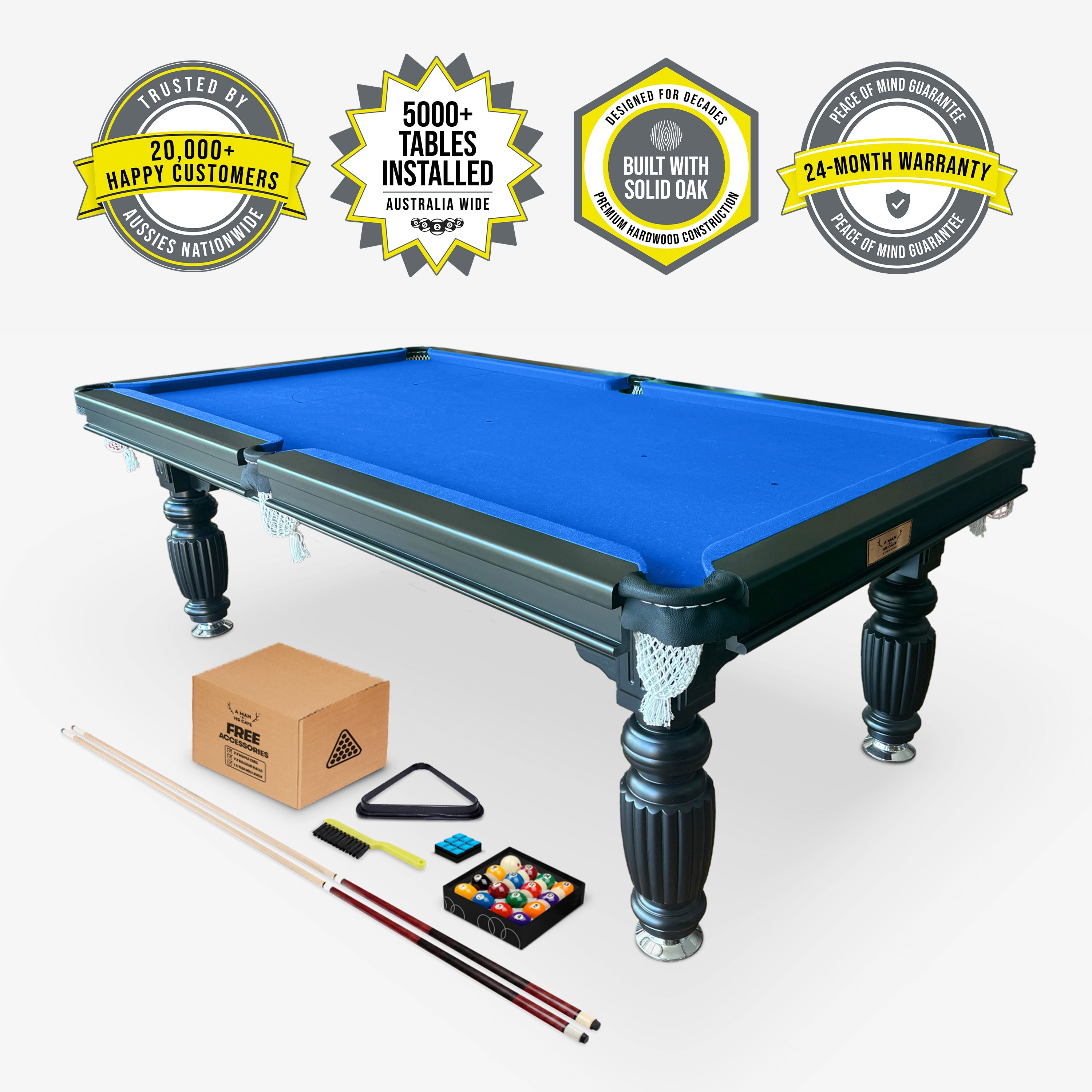 Solid Oak Pool Table Black Frame Blue Felt - 20,000+ Happy Customers, 24-Month Warranty