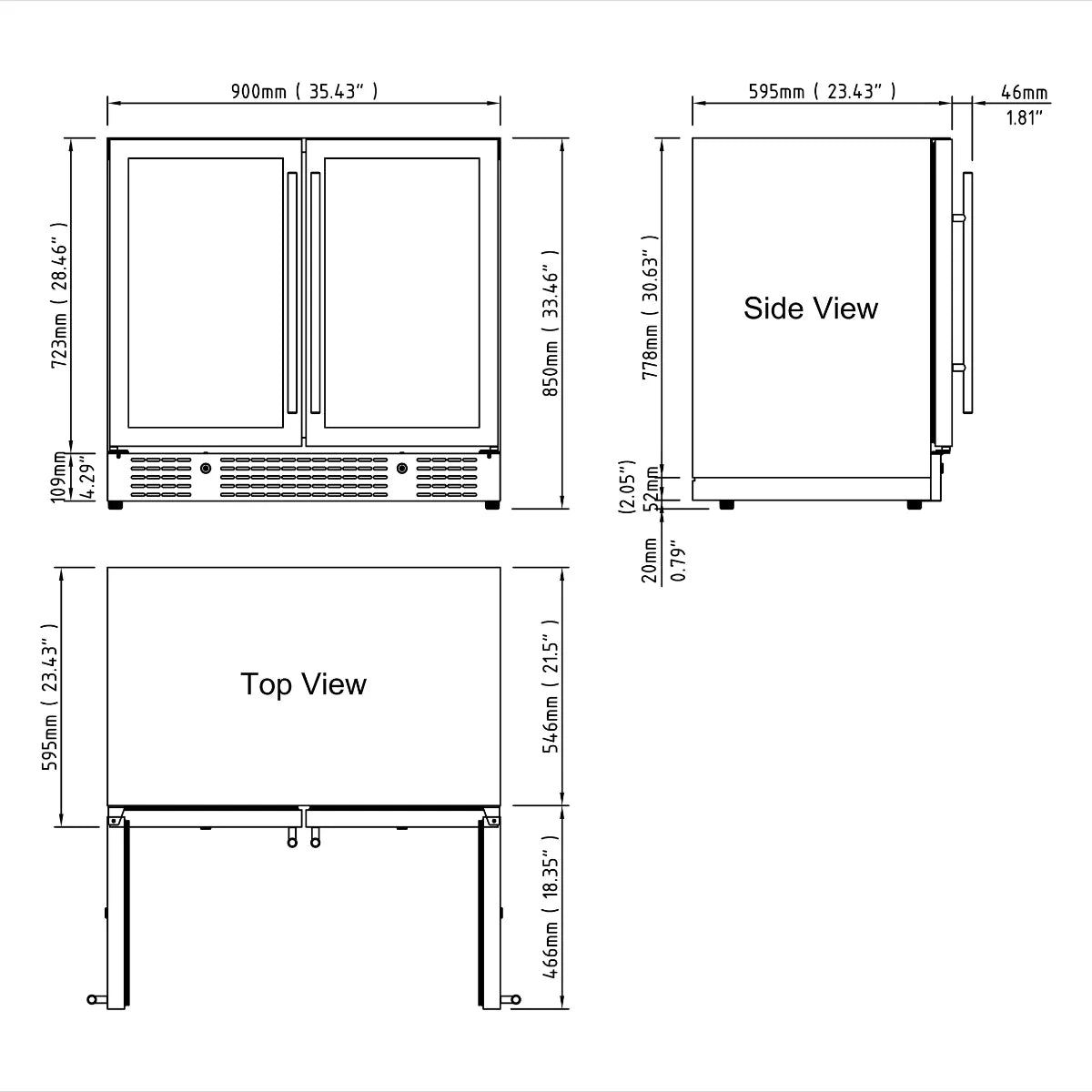 900mm Wide Under Bench Low-E Glass Door Wine and Beer Fridge Combo