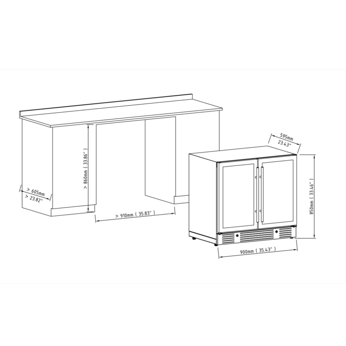 900mm Wide Under Bench Low-E Glass Door Wine and Beer Fridge Combo