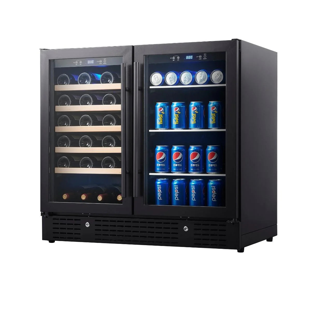 900mm Wide Under Bench Low-E Glass Door Wine and Beer Fridge Combo