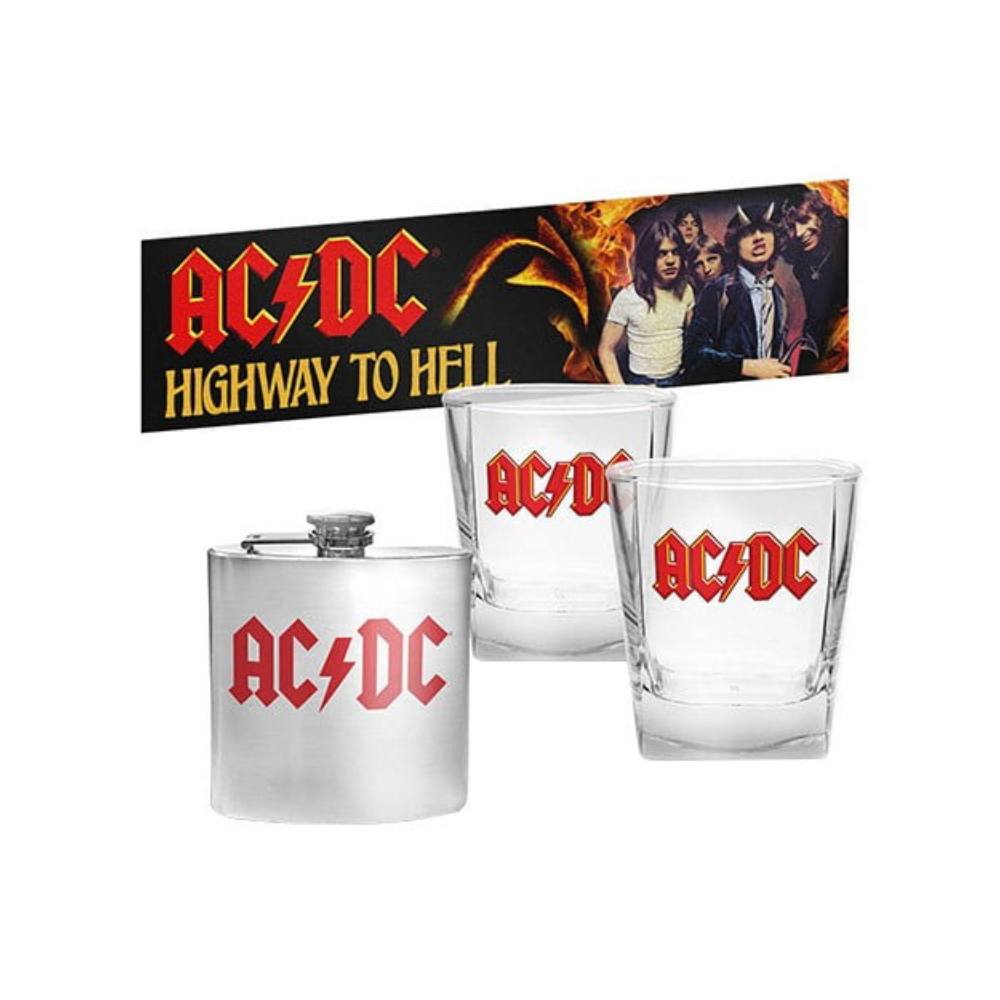 AC/DC Set 2 Glasses With Flask And Bar Runner Mat