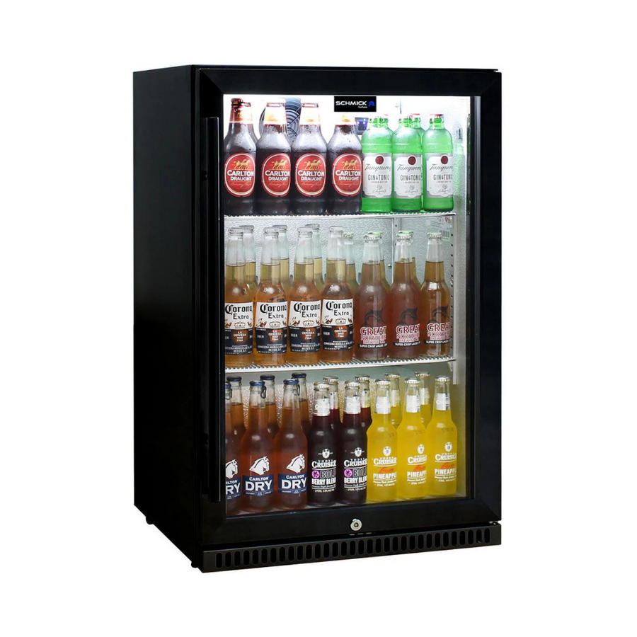 Schmick Black Bar Fridge Tropical Rated With Heated Glass and Triple Glazing 1 Door Model SK118R-B