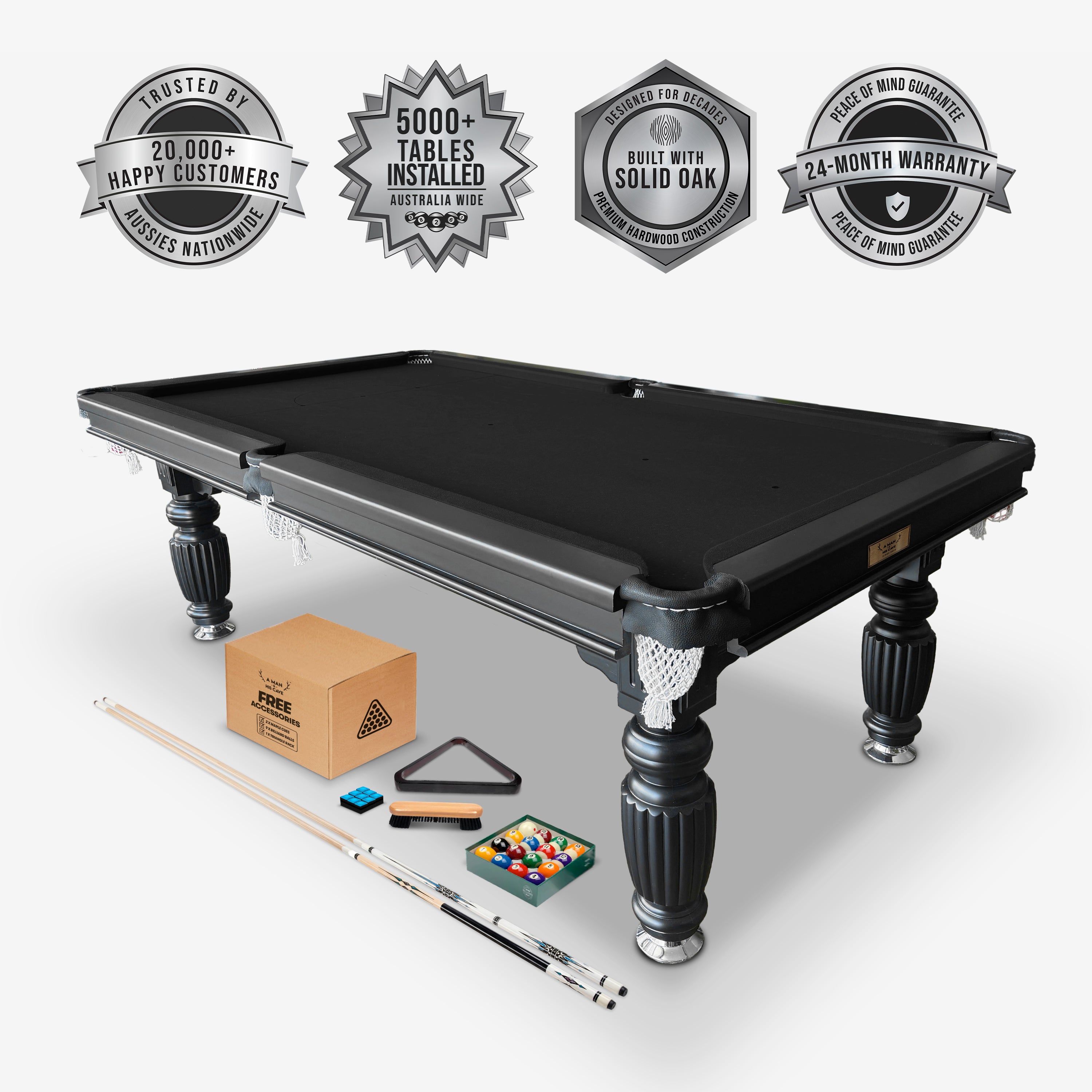 Solid Oak 8ft Slate Pool Table - Black Frame/Black Felt