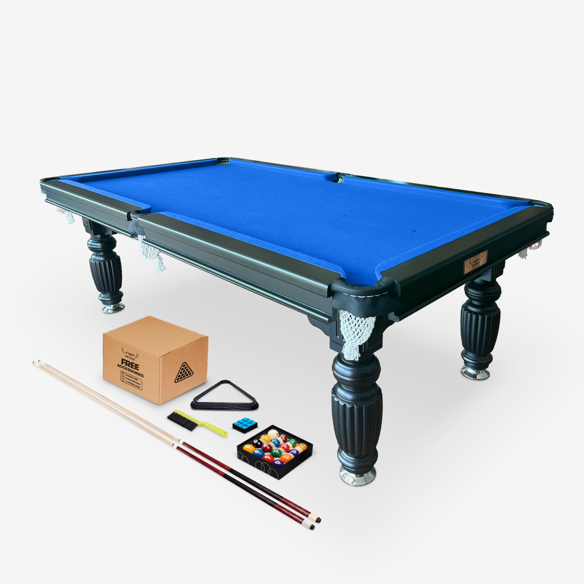 Solid Oak 8ft Slate Pool Table - Black Frame/Blue Felt