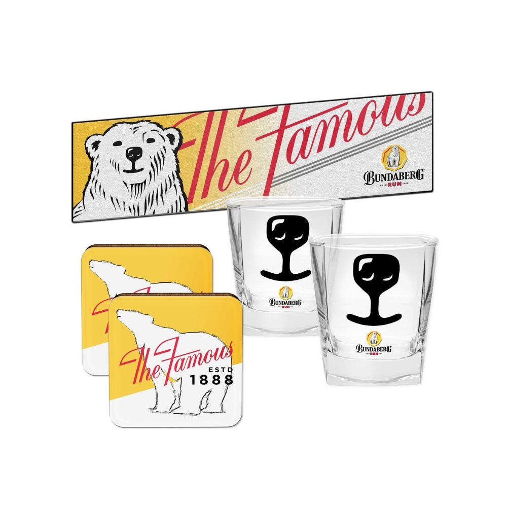 Bundy Bundaberg Rum Bar Runner Glasses Coasters Essentials Gift Pack