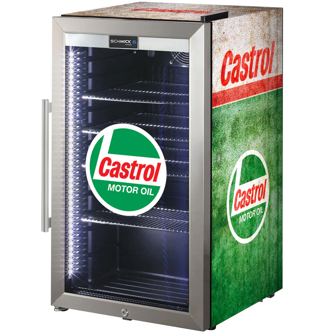 Castrol Schmick Vintage Fuel Pump Triple Glazed Alfresco Bar Fridge With LED Strip Lights - Model HUS-SC88-FP-CASTROL