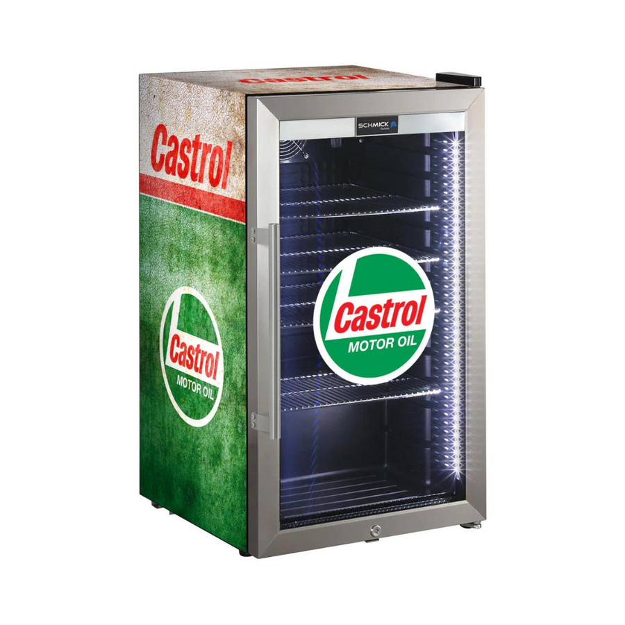 Castrol Schmick Vintage Fuel Pump Triple Glazed Alfresco Bar Fridge With LED Strip Lights - Model HUS-SC88-FP-CASTROL