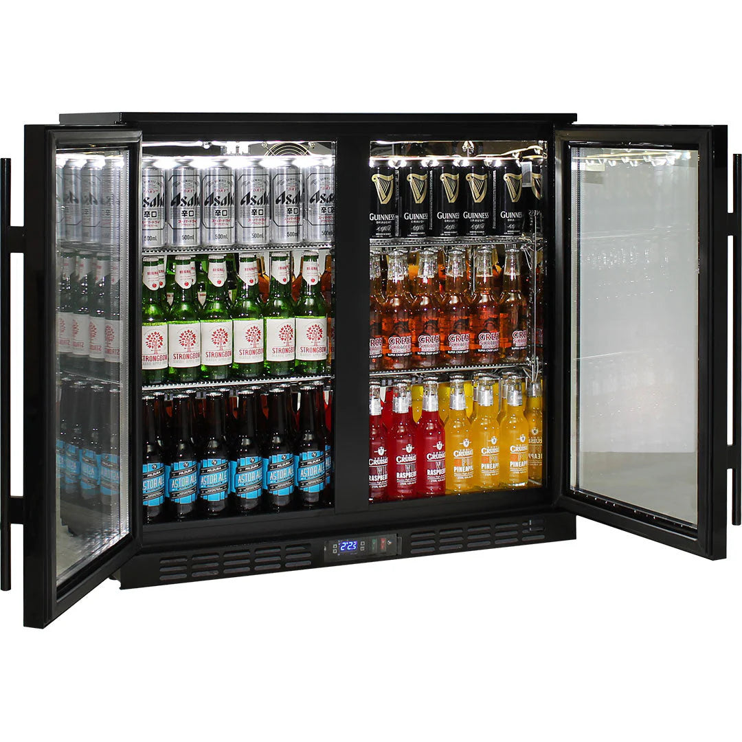 Commercial Under Bench Black Glass Double Door Bar Fridge Energy Efficient