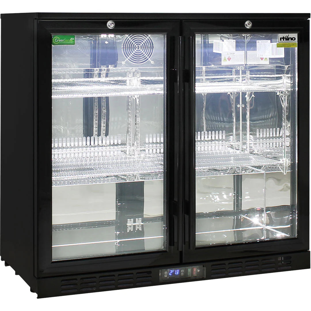Commercial Under Bench Black Glass Double Door Bar Fridge Energy Efficient
