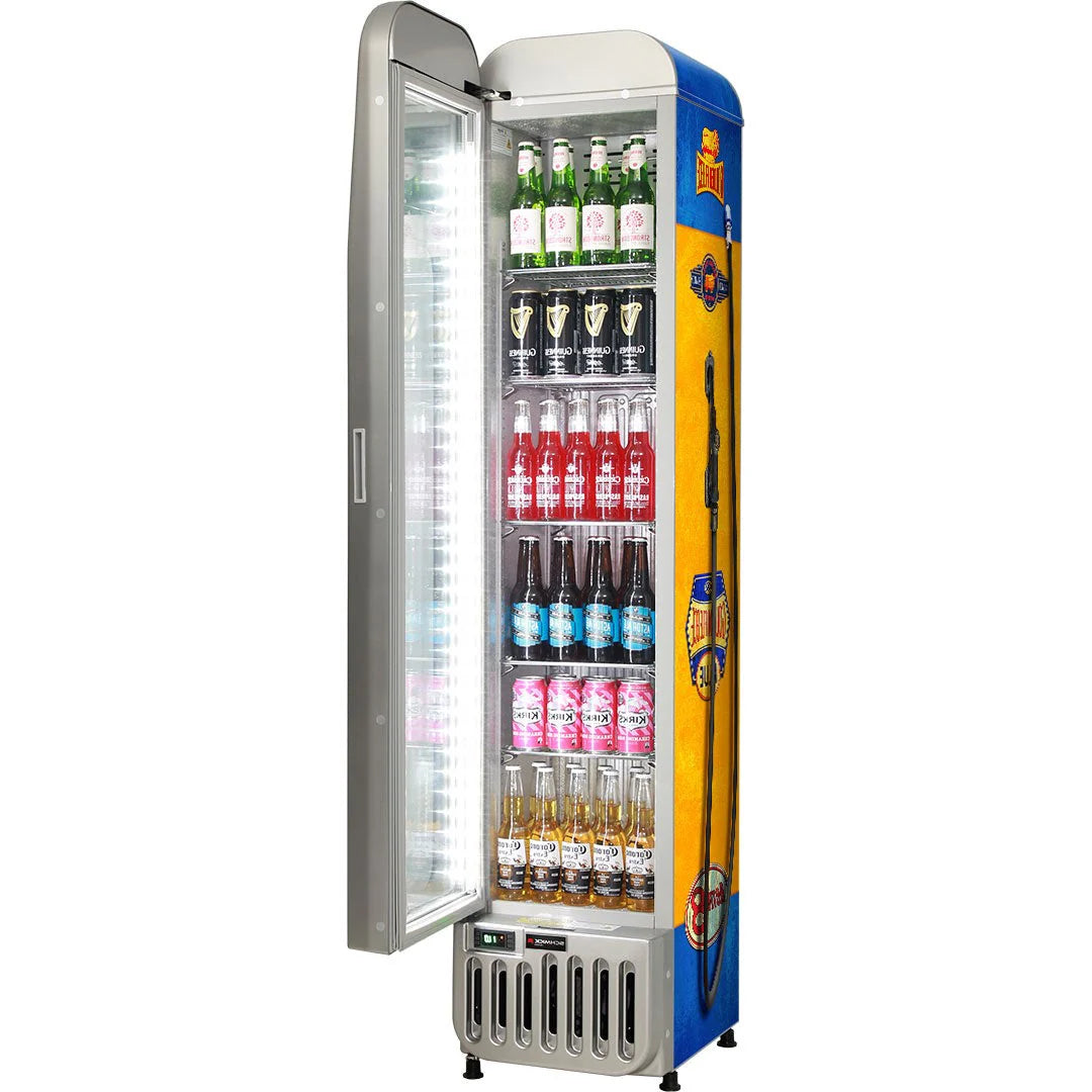 Golden Fleece Fuel Pump Skinny Glass Door Upright Cool Retro Bar Fridge - Model SK135L-FP-FLEECE 