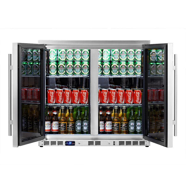 Heating Glass 2-Door Full Stainless Under Bench Beverage Fridge. Indoor or Outdoor 2-Year Warranty(Free) [ON BACKORDER FOR LATE MAR]
