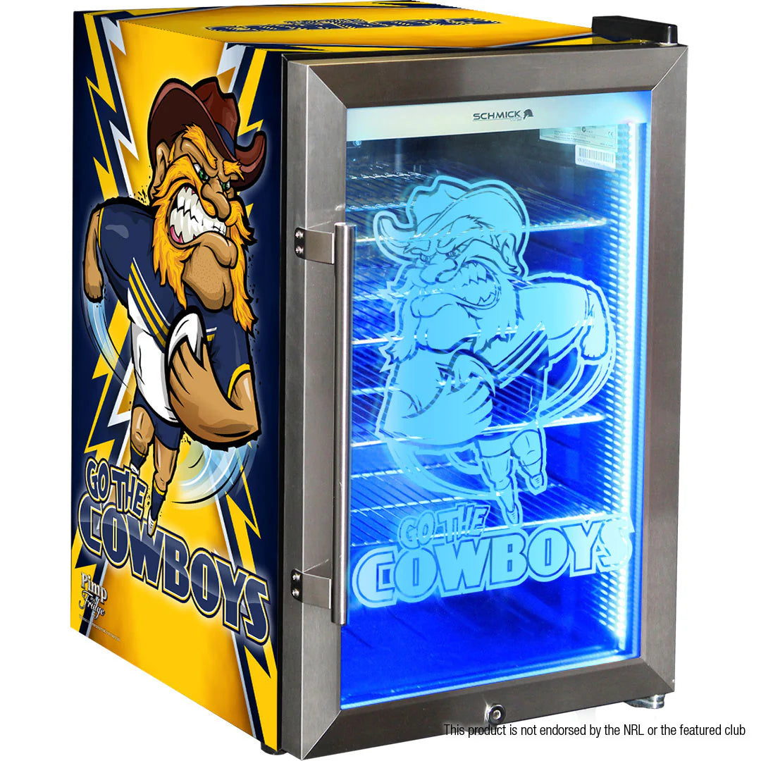 NQ Cowboys branded bar fridge, Great gift idea! *Note 'This product is not endorsed by NRL or featured club' - Model HUS-SC70-SS-COW-P