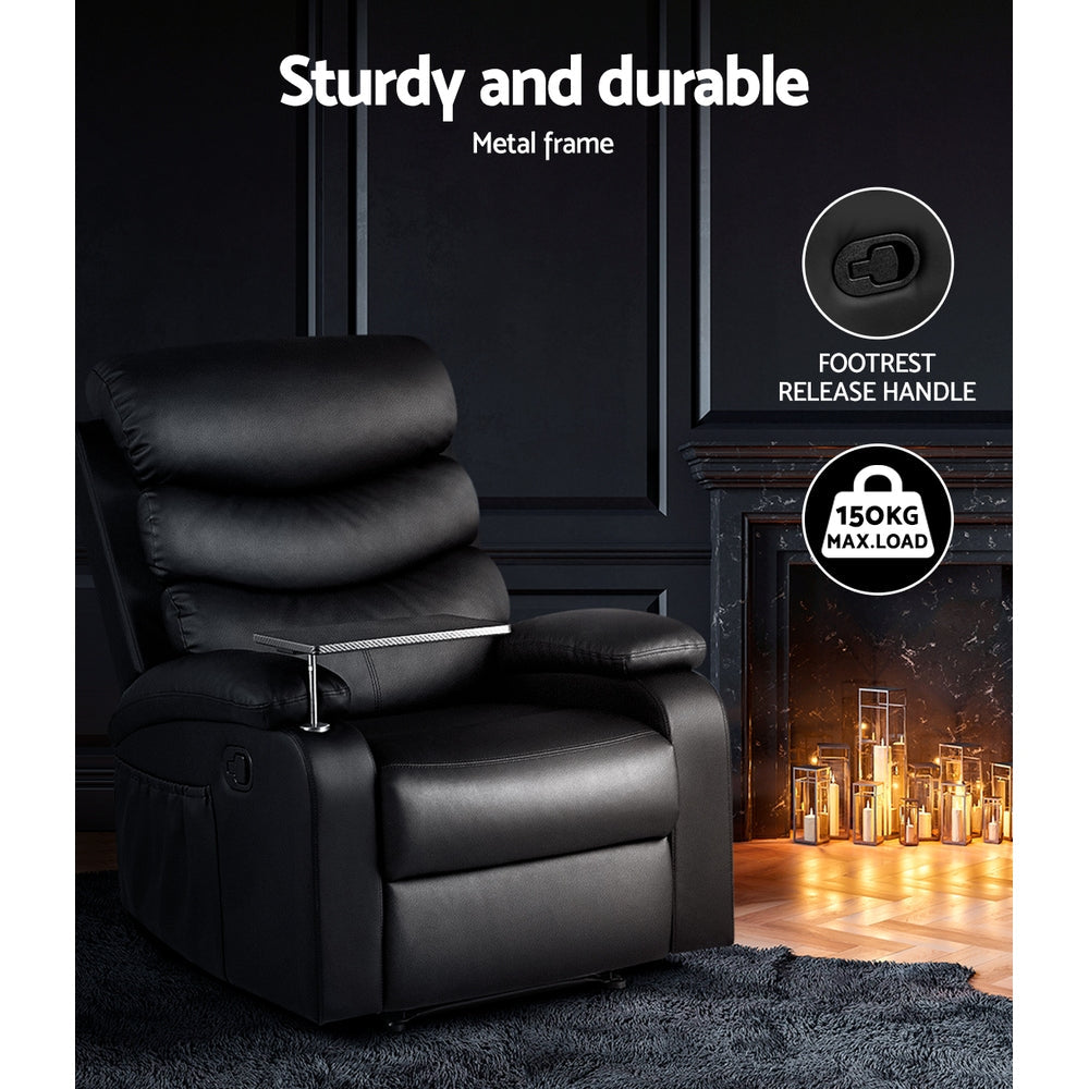 Furniture > Living Room - Artiss Recliner Chair Armchair Lounge Sofa Chairs Couch Leather Black Tray Table
