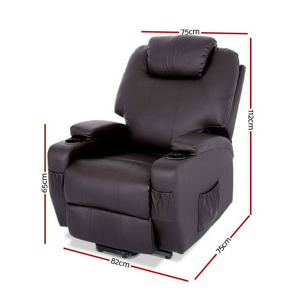 Furniture > Living Room - Artiss Electric Recliner Lift Chair Massage Armchair Heating PU Leather Brown