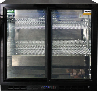 Rhino Black Glass Sliding Under Bench 2 Door Bar Fridge Energy Efficient LG Compressor