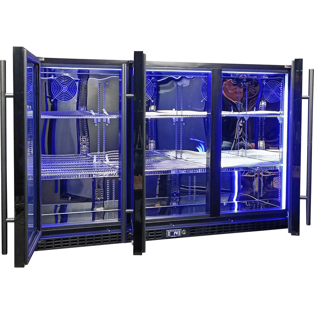 Schmick Black 3 Door Quiet Running Heated Glass Door Bar Fridge Model SK386-B-HD