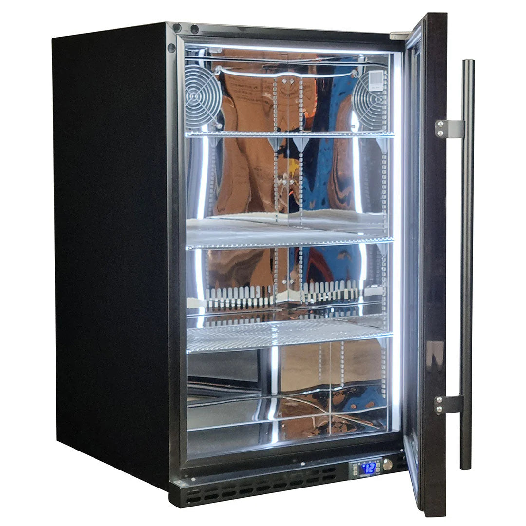 Schmick Black Quiet Front Venting Under Bench Heated Glass Door Bar Fridge Model SK146R-B-HD