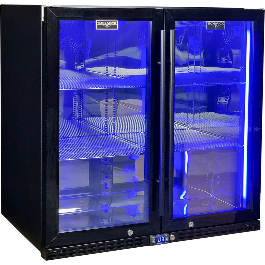 Schmick Black Quiet Running Front Venting Under Bench Heated Glass 2 Door Bar Fridge Model SK245-B-HD (ON BACKORDER FOR LATE JUNE)