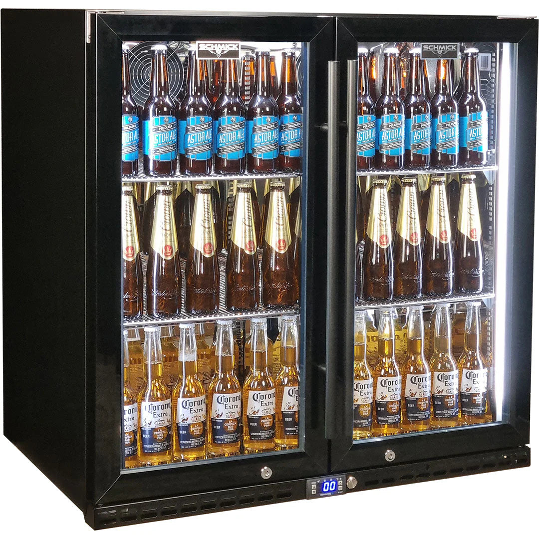 Schmick Black Quiet Running Front Venting Under Bench Triple Glazed 2 Door Bar Fridge Model SK245-B