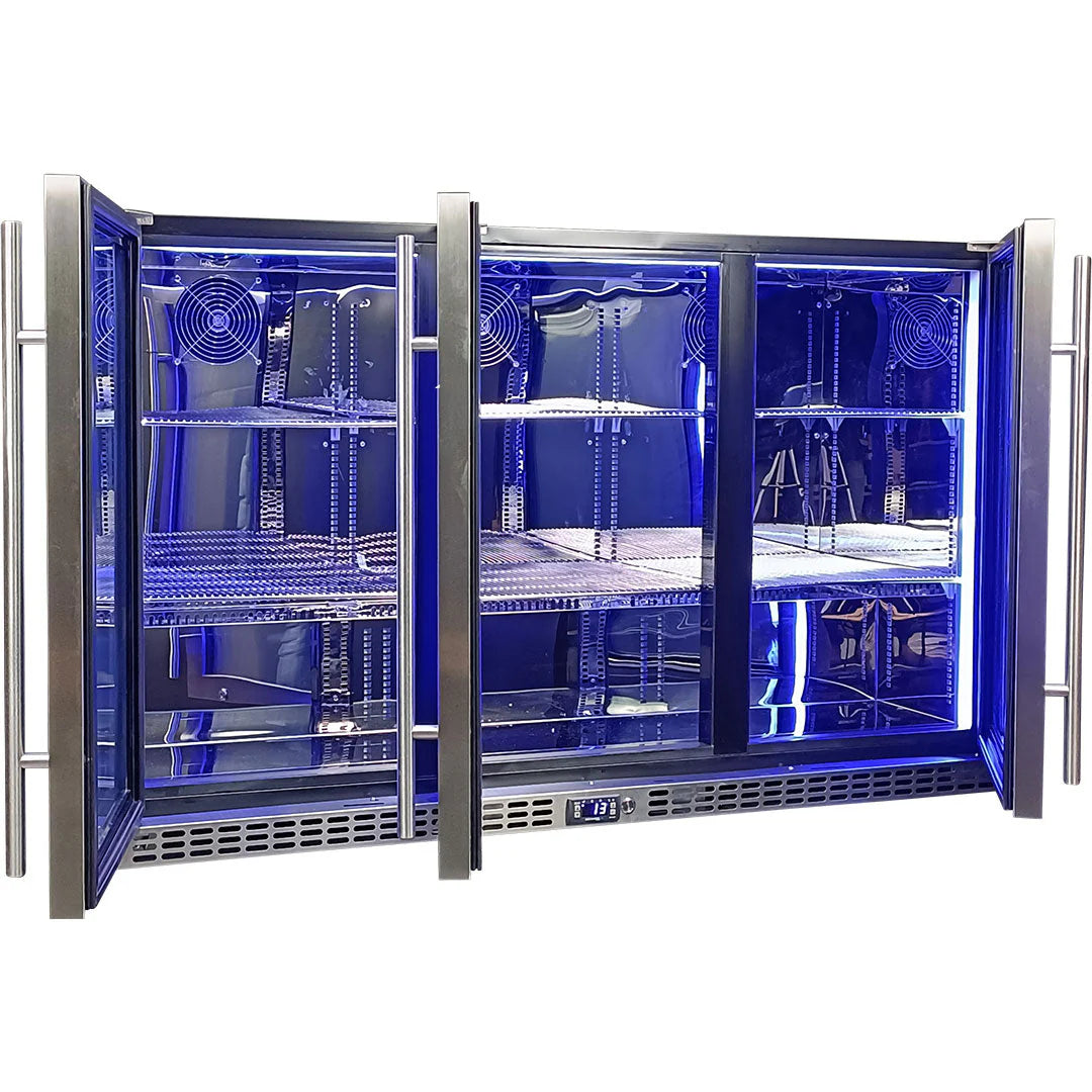 Schmick Stainless Steel 3 Door Quiet Running Heated Glass Door Bar Fridge Model SK386-HD