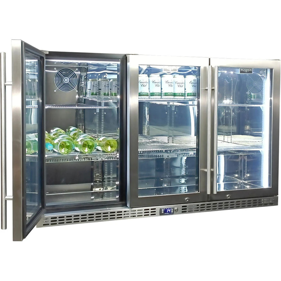 Schmick Stainless Steel 3 Door Quiet Running Heated Glass Door Bar Fridge Model SK386-HD