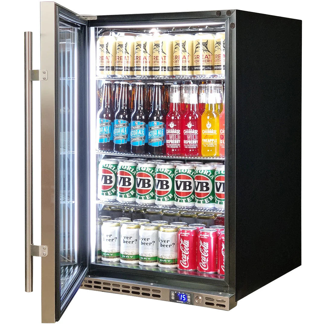 Schmick Stainless Steel Quiet Front Venting Under Bench Heated Glass Door Bar Fridge Model SK146L-HD 2Yrs Parts/Labour / Add 2 x Wine Shelves (+$45.00)
