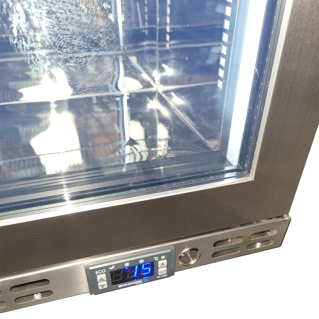 Schmick Stainless Steel Quiet Front Venting Under Bench Heated Glass Door Bar Fridge Model SK146L-HD 2Yrs Parts/Labour / Add 2 x Wine Shelves (+$45.00)