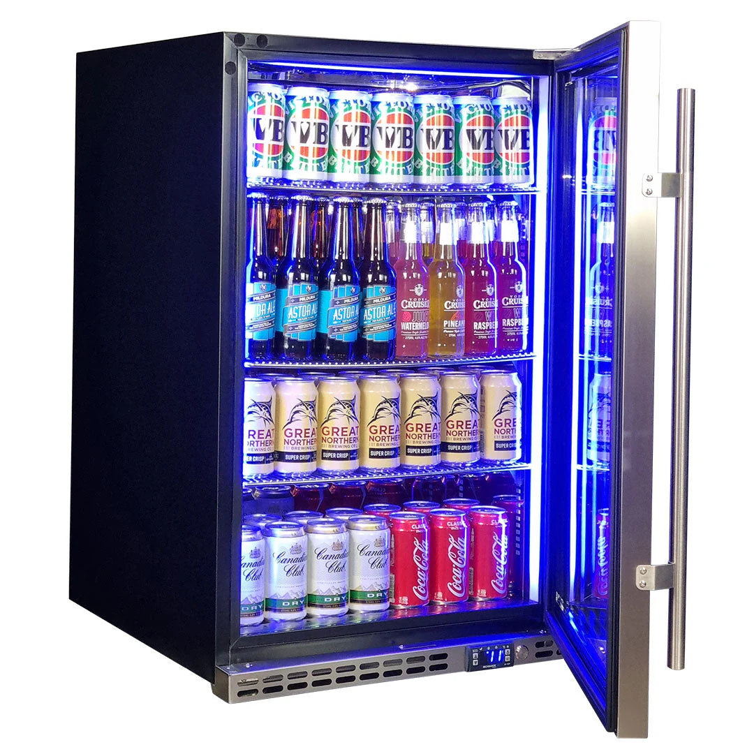 Schmick Stainless Steel Quiet Front Venting Under Bench Heated Glass Door Bar Fridge Model SK146R-HD