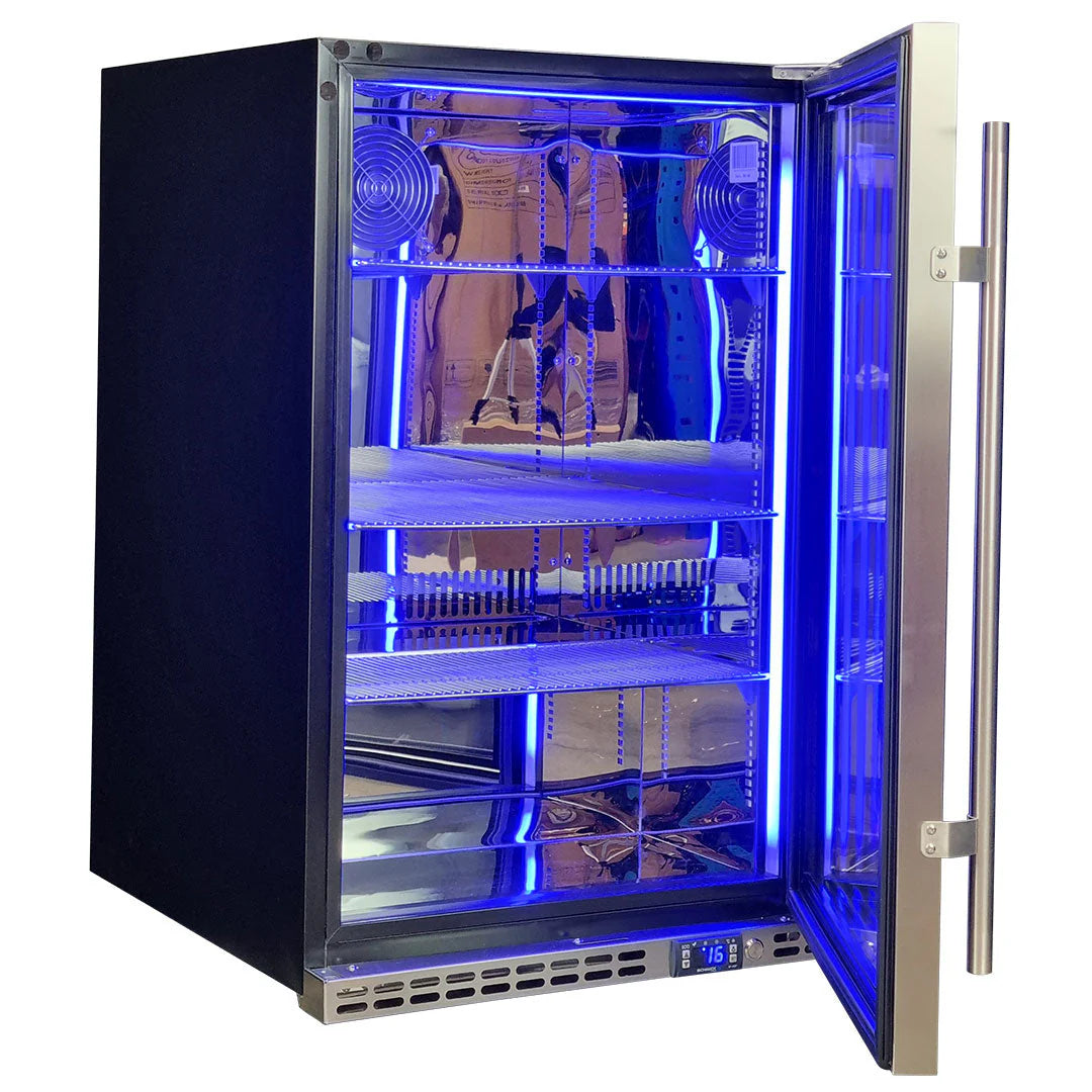 Schmick Stainless Steel Quiet Front Venting Under Bench Heated Glass Door Bar Fridge Model SK146R-HD