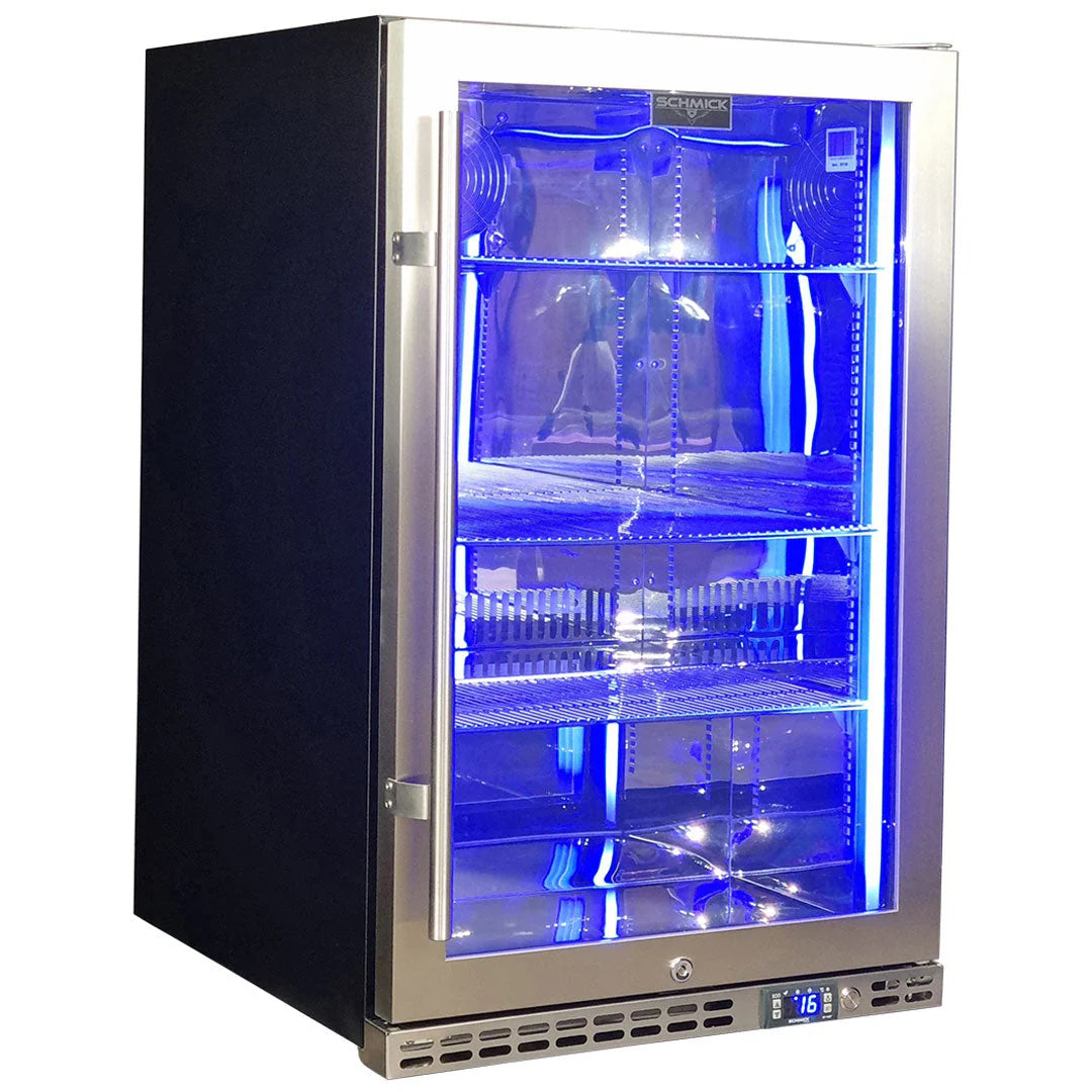 Schmick Stainless Steel Quiet Front Venting Under Bench Heated Glass Door Bar Fridge Model SK146R-HD