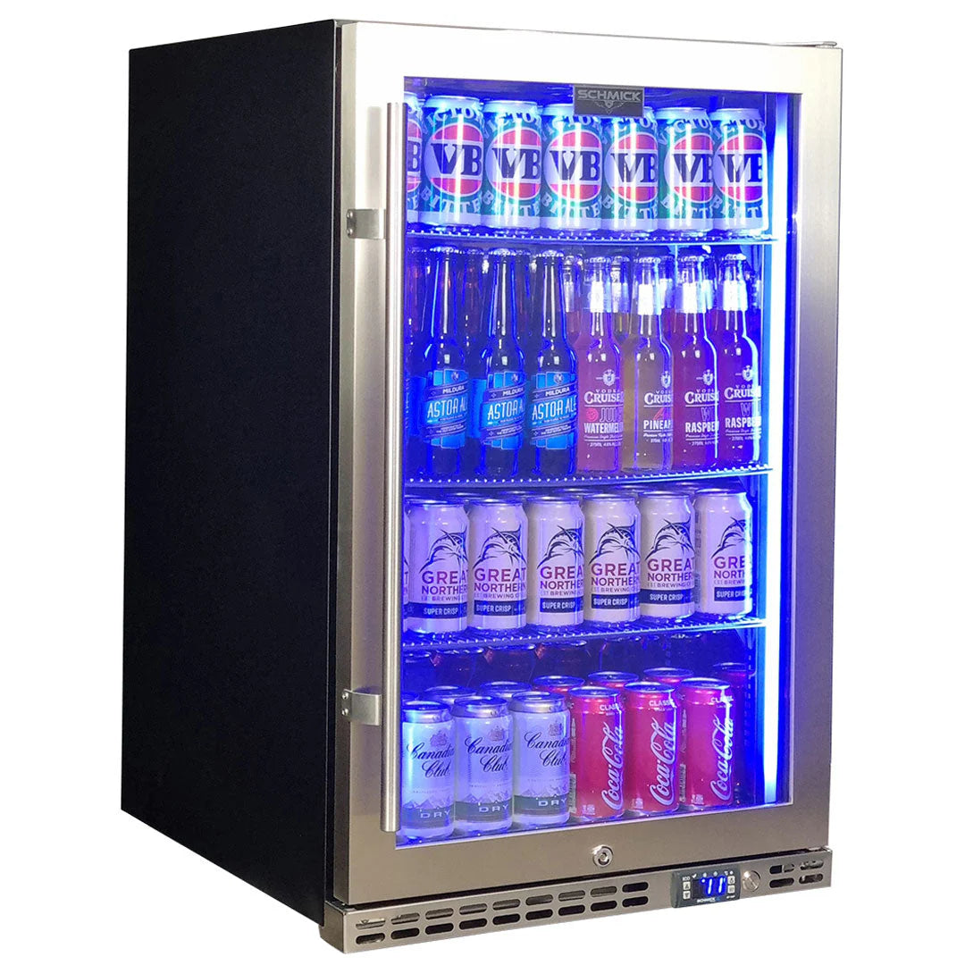 Schmick Stainless Steel Quiet Front Venting Under Bench Heated Glass Door Bar Fridge Model SK146R-HD