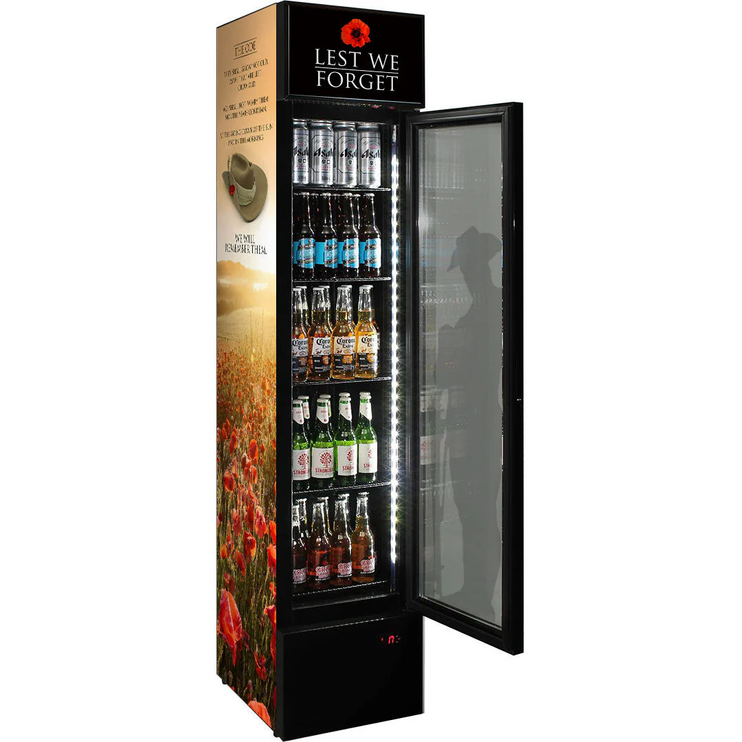 Skinny Upright Bar Fridge With Lest We Forget Design