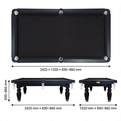 Solid Oak 8ft Slate Pool Table - Black Frame/Black Felt
