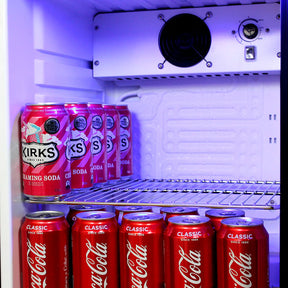 Tropical Glass Door Mini Bar Fridge Chromed Adjustable Shelves Blue Led Light And Holds 80 Cans Add 1 Extra Yr Parts/Labour (+$139.00)