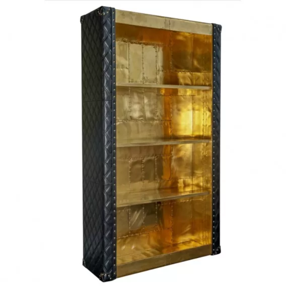 Piper Aztec Polished Brass and Black Leather Bookshelf