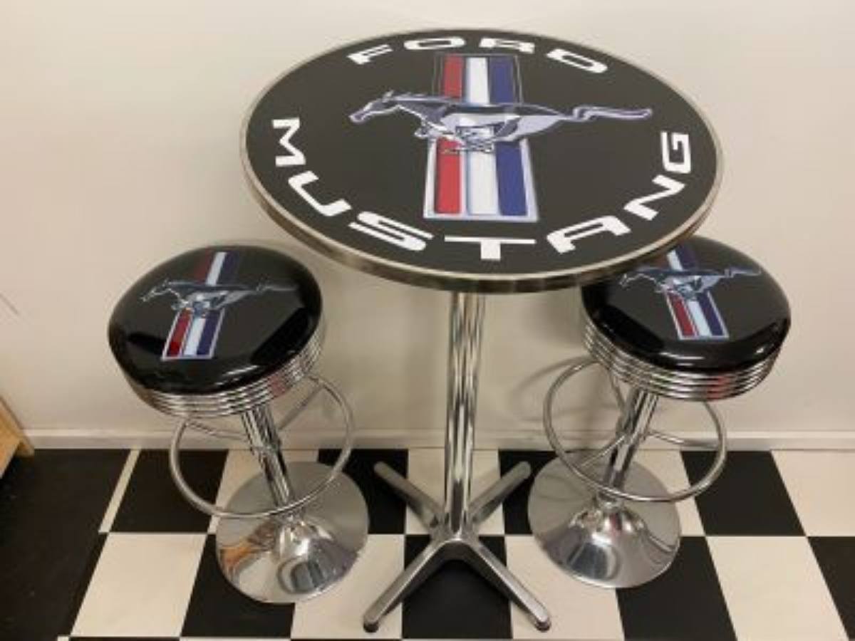 Table & Bar Stools - Ford Mustang Retro Bar Table & 2 Stools Package