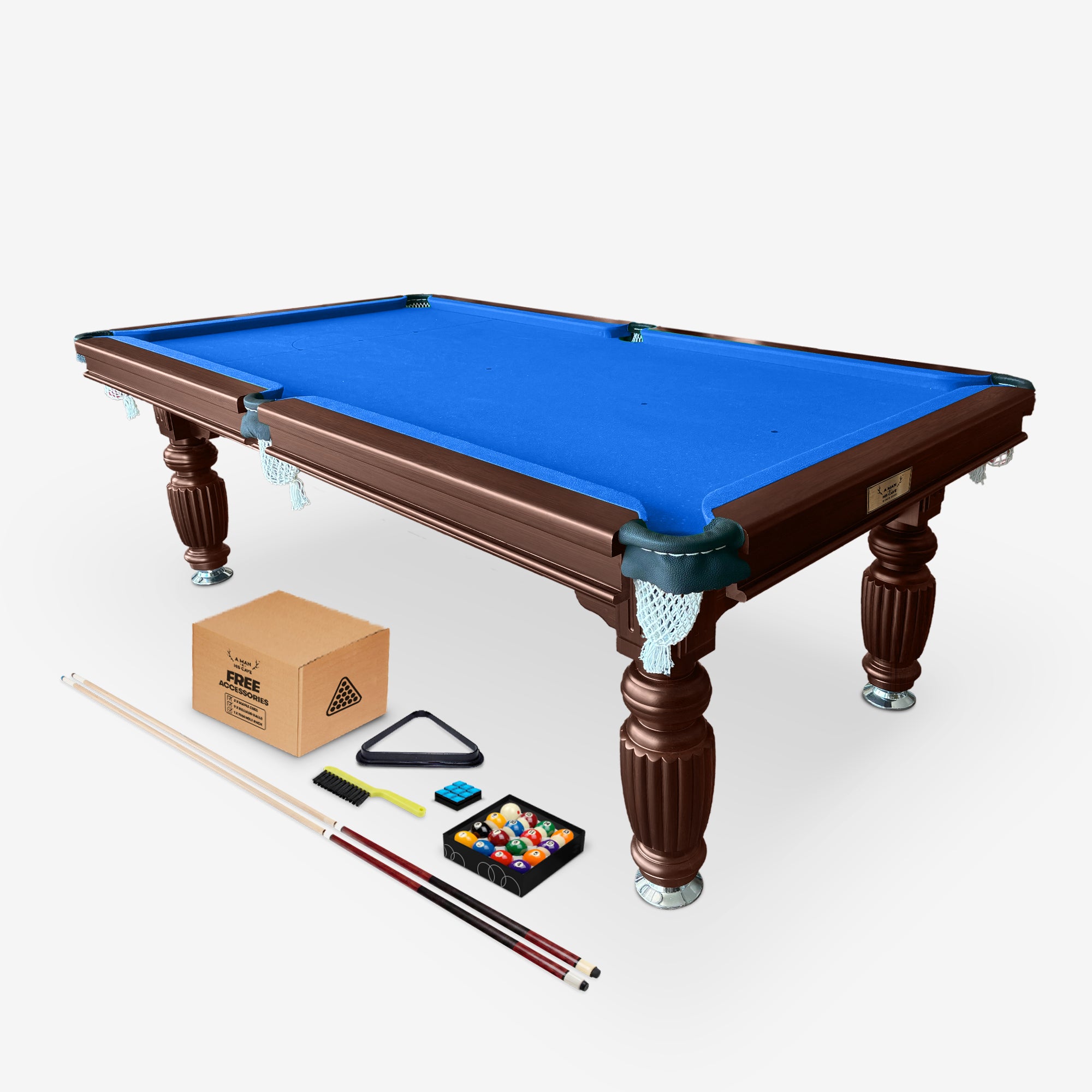 Solid Oak 8ft Slate Pool Table - Walnut Frame/Blue Felt