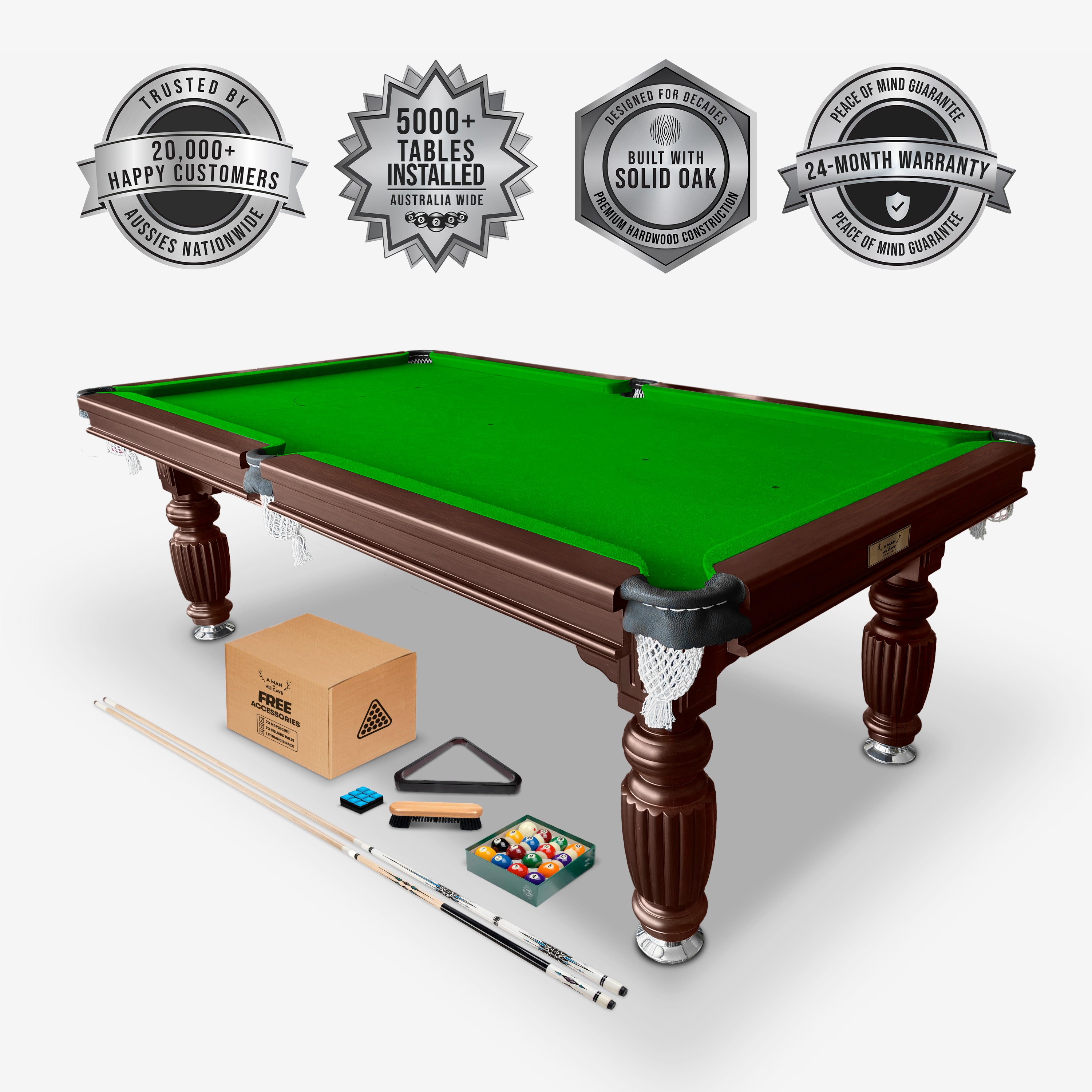 Solid Oak 8ft Slate Pool Table - Walnut Frame/Green Felt