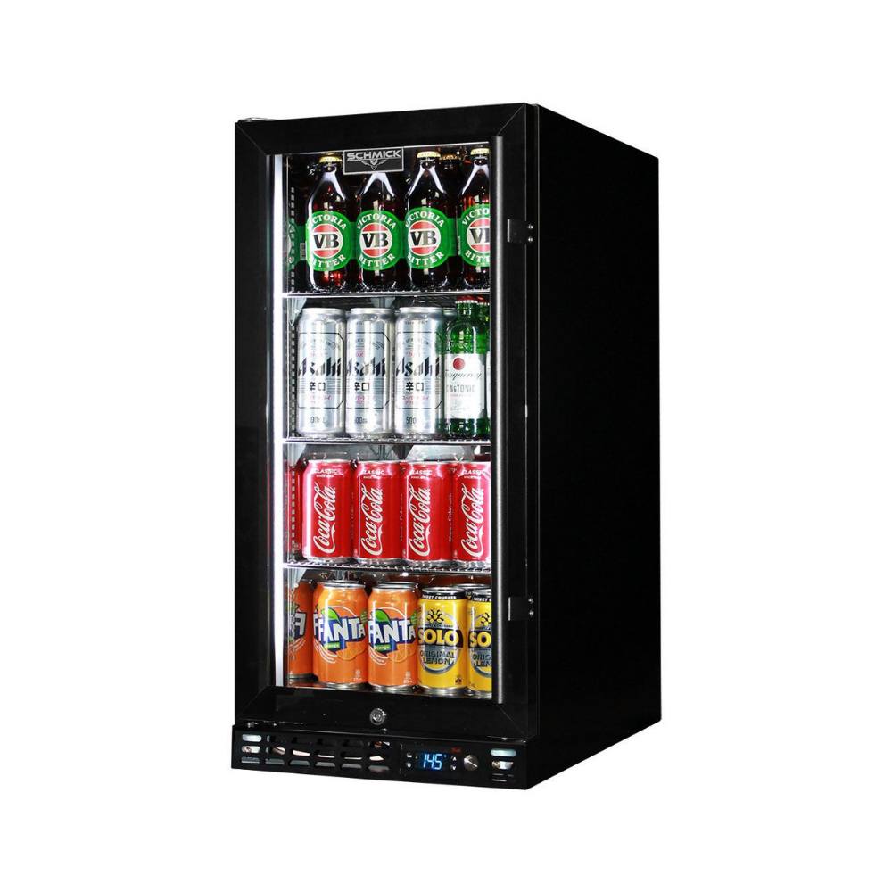 Schmick Black Quiet Running Front Venting Under Bench Heated Glass Door Bar Fridge Model SK92L-B-HD