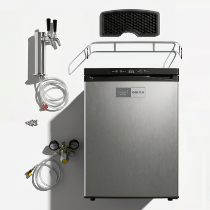 GEN 2.0 Kegerator Double Tap bundle, fridge plus tap font, drip tray, top rail, CO2 regulator and lines
